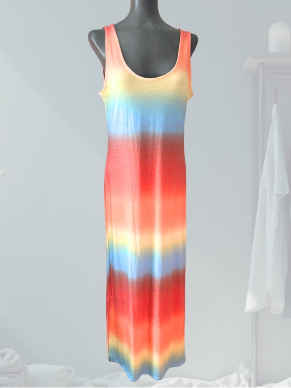 NWT - Orange Sleeveless Rainbow Ombre Maxi Dress - Red Multicolor